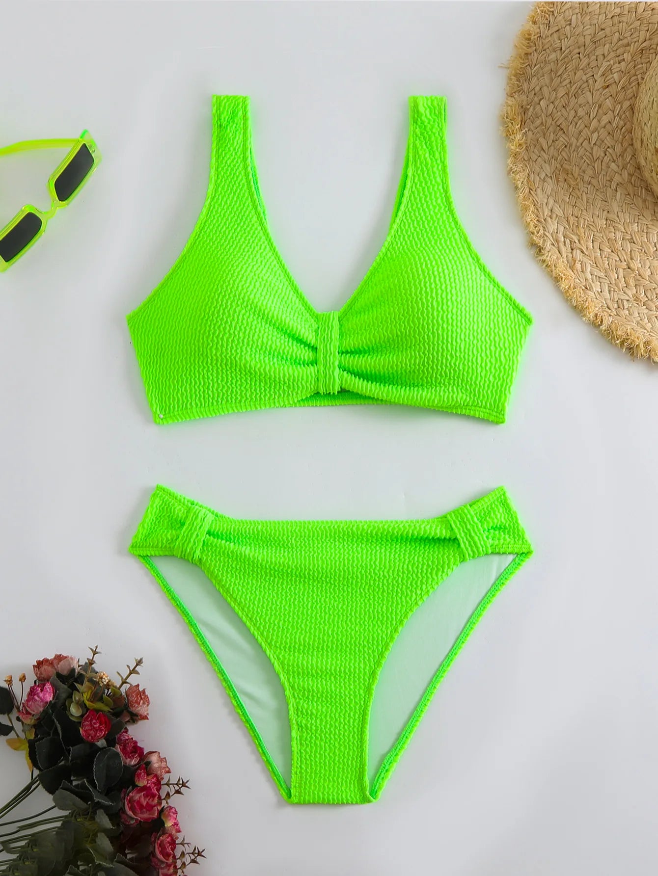 Summer New Women's 2 Piece Swimsuit Solid Color High Waist Bikini Set V-neck Backless Beach Vacation Bathing Suit Swimwear