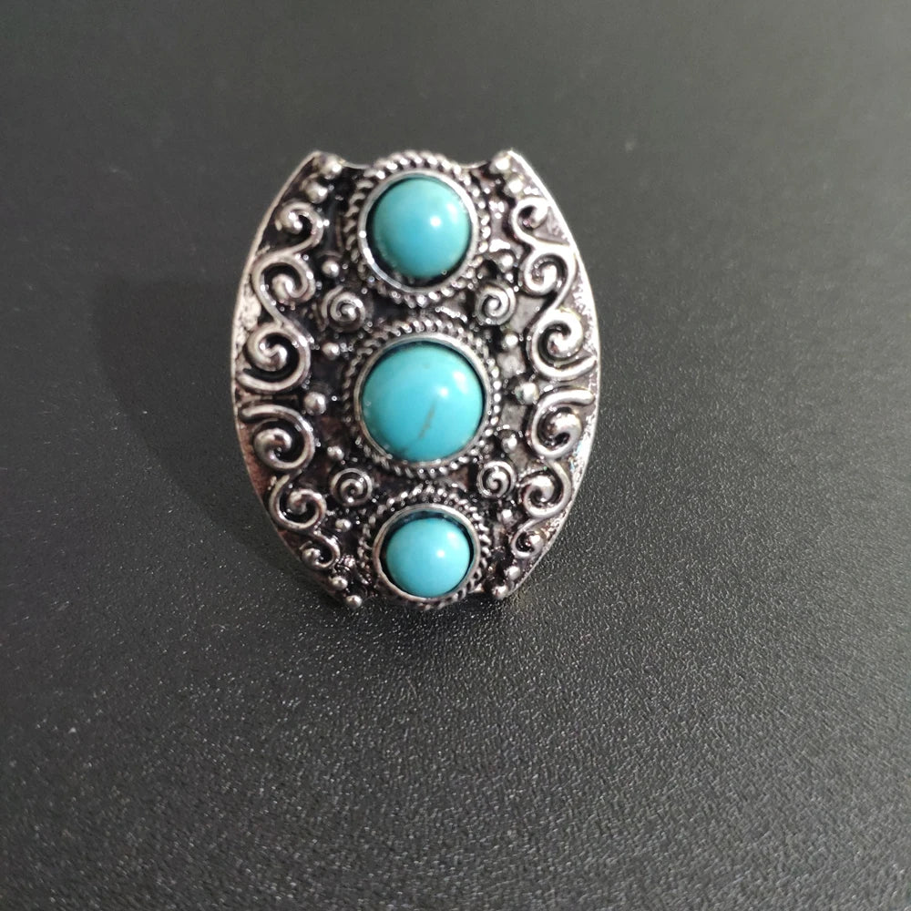 Vintage Silvery Turquoise Rings for Women Boho Tibet Ethnic Tribal Afghan Pakistan Indian Gypsy Men's Green Stone Retro Jewelry
