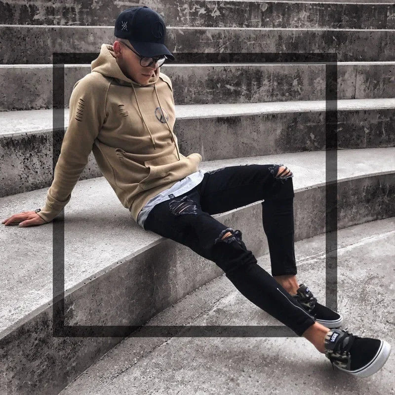 Punk Street Style Ripped Skinny Jeans Men Vintage Wash Solid Denim Trouser Mens Casual Slim Fit Pencil Denim Holes Pants 2025