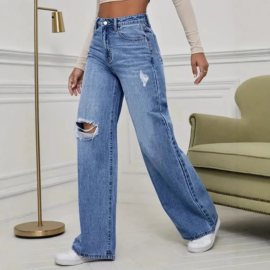 Hole Jeans Women Denim Wide Leg Pants Vintage Distressed Ripped Trousers 2025 Streetwear High Waist Washed Pockets Floor Length