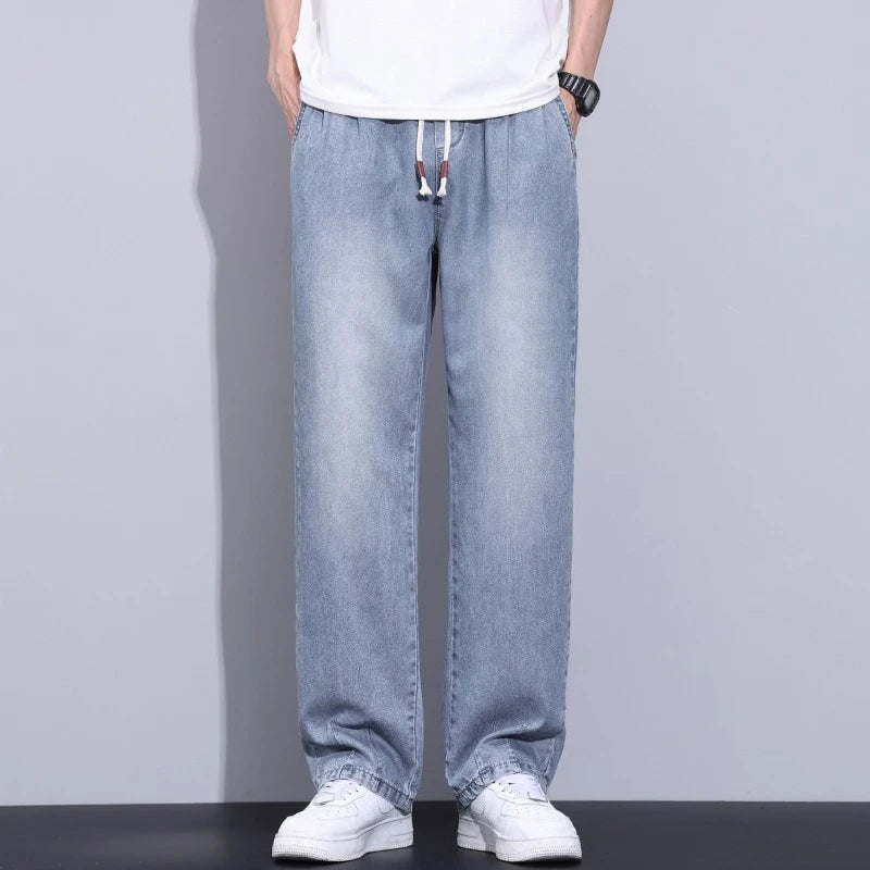 Elastic Waist Fashion Loose Jeans Men Spring Summer Thin Lyocell Classic Straight Denim Pants Casual Stretch Jogging Trousers