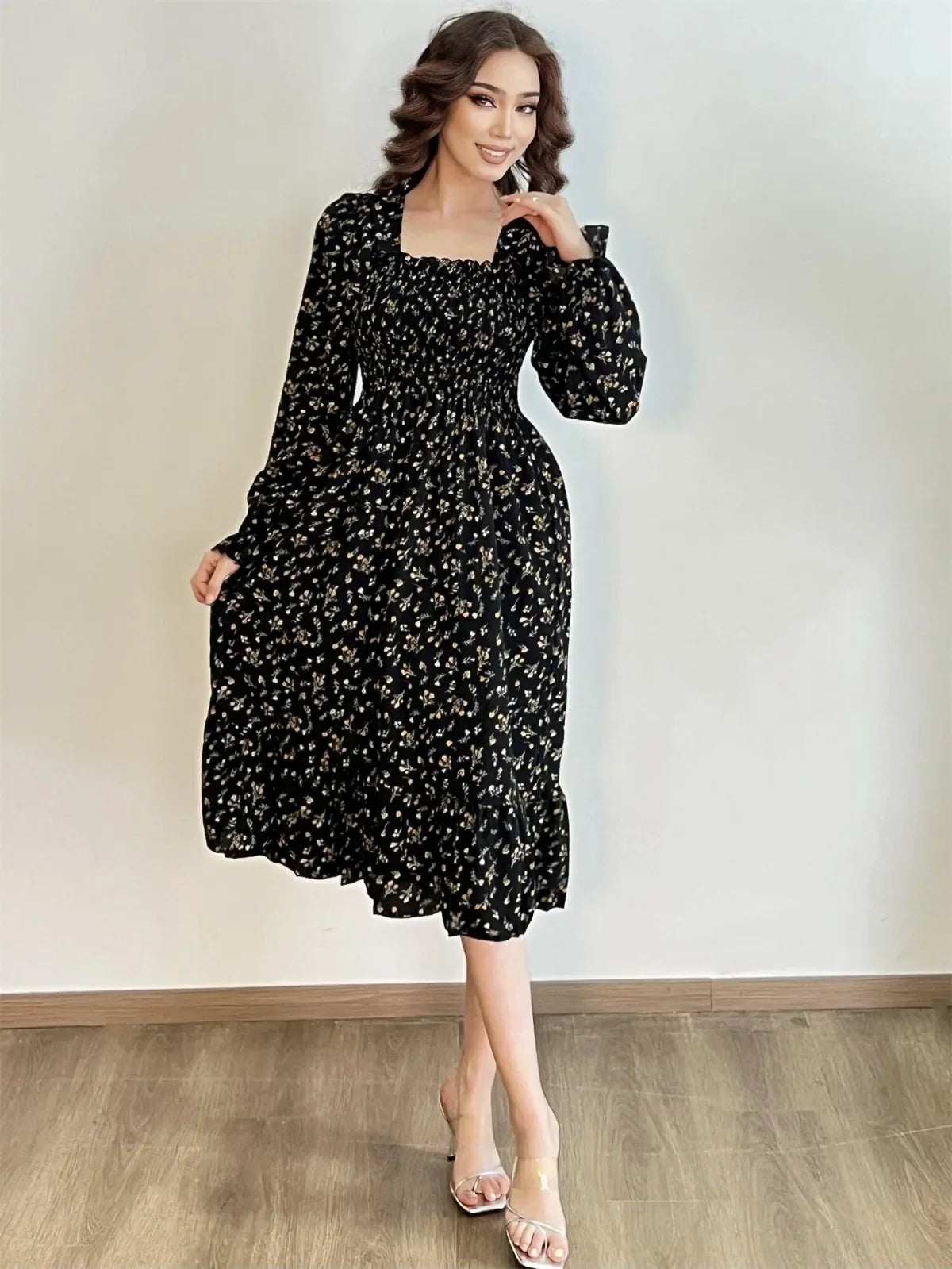 Long Sleeve Casual Dress Women Chiffon Dresses Autumn Spring A-line Printed Floral Elastic Chest Lace Up Midi Dresses Vestidos