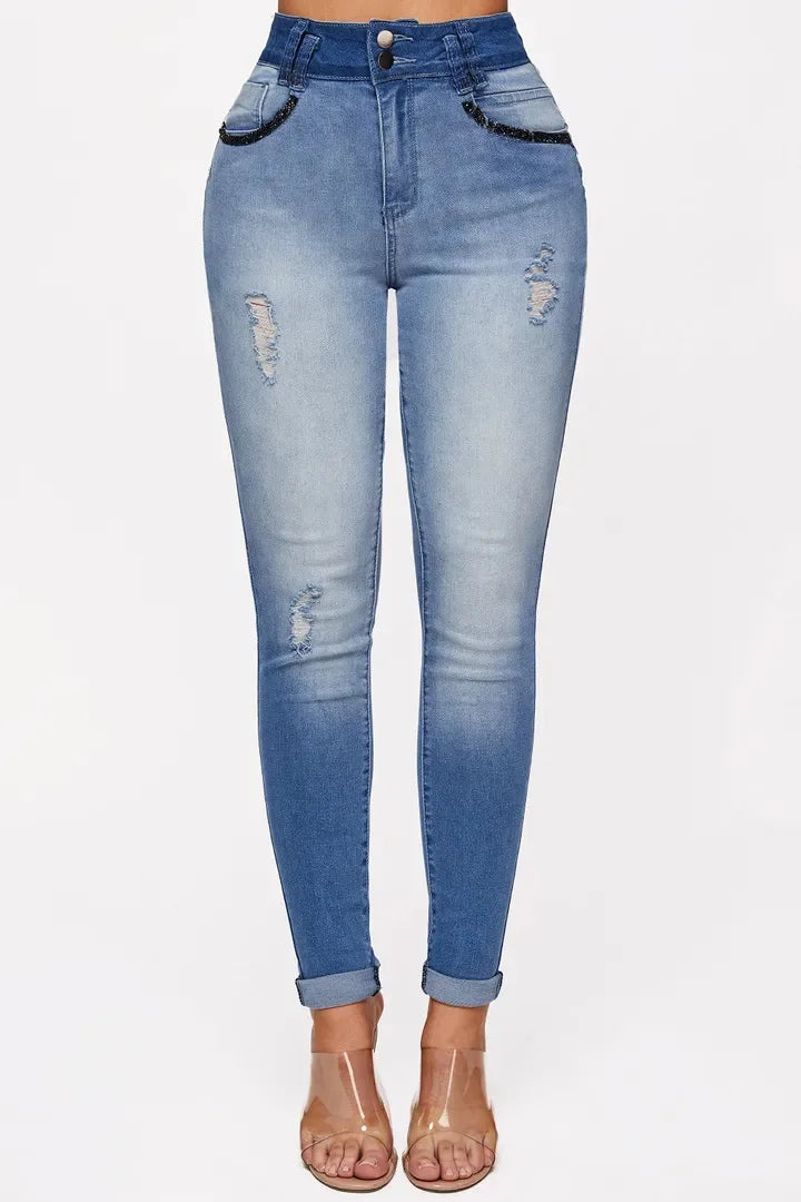 Elastic, Slimming, Hip-lifting High-waisted Jeans. Four Seasons New Fashionable Gradient Casual Ripped Skinny Jeans for Ladies