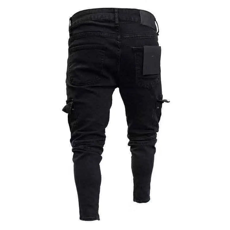 Men's Black Side Many Pockets Cargo Jeans Fashion Hole Zipper Small Foot Denim Pants Cotton Elastic Jogging Trousers Streetwear
