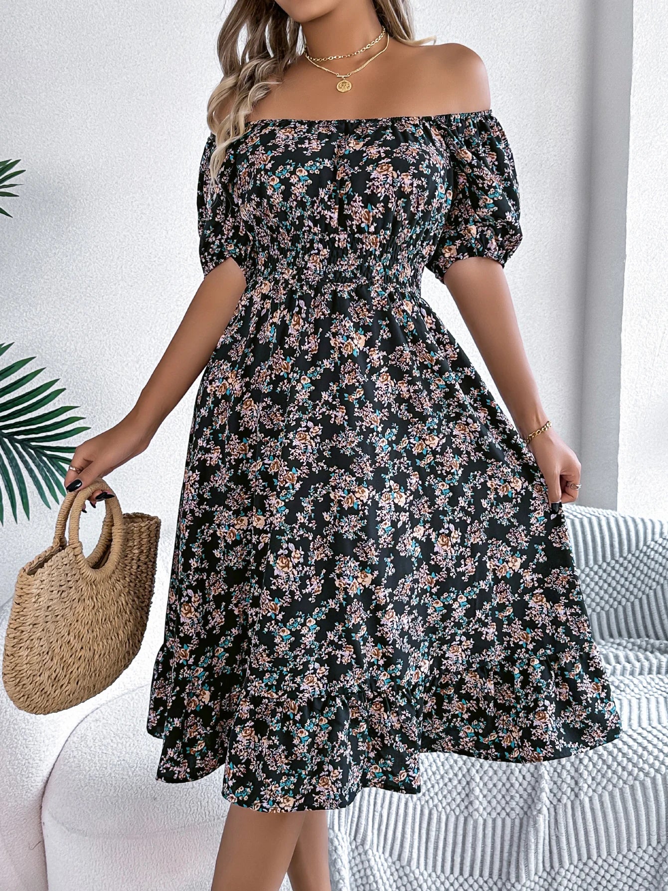 Spring and Summer Elegant Dress Floral Print Short Sleeved Square Neck Women's Ruffled Edge Dresses