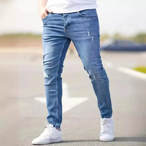 Men Jeans Denim Holes Skinny Vintage Wash Solid Pencil Pants 2025 Distressed Ankle Length Sheath Punk Style Pockets Punk