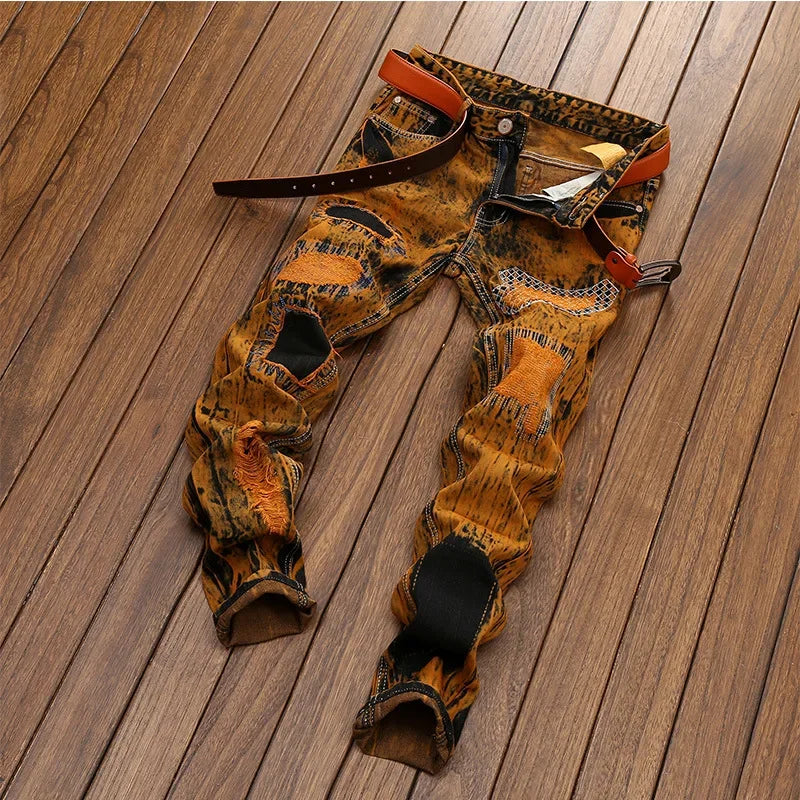 Autumn New Vintage Jeans Men's Ripped Straight Slim-fit Jeans Patchwork Personalized Distressed Hip-hop Streetwear Man Clothes
