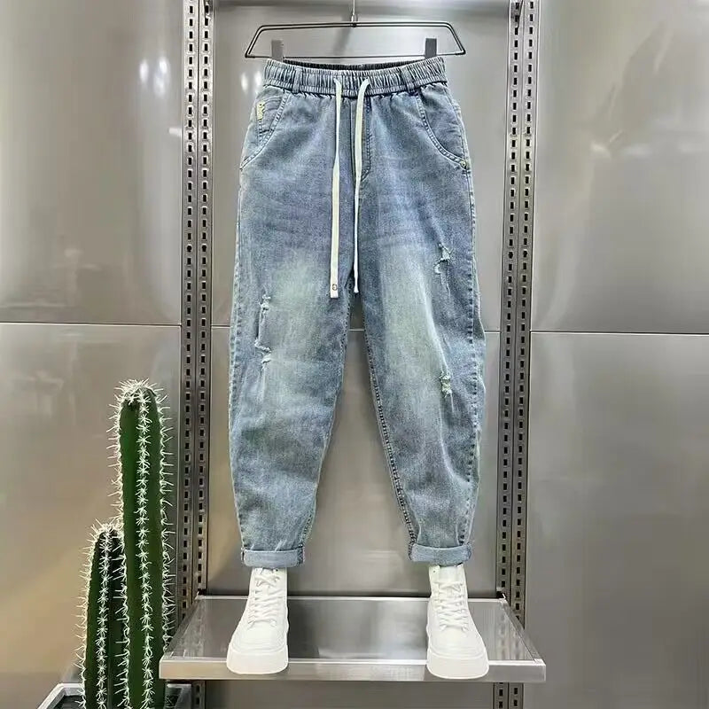 New Loose and Casual Denim Jeans for Men Spring and Autumn Harem Distressed Stretch Baggy Cargo Blue Jeans Jogger Pants