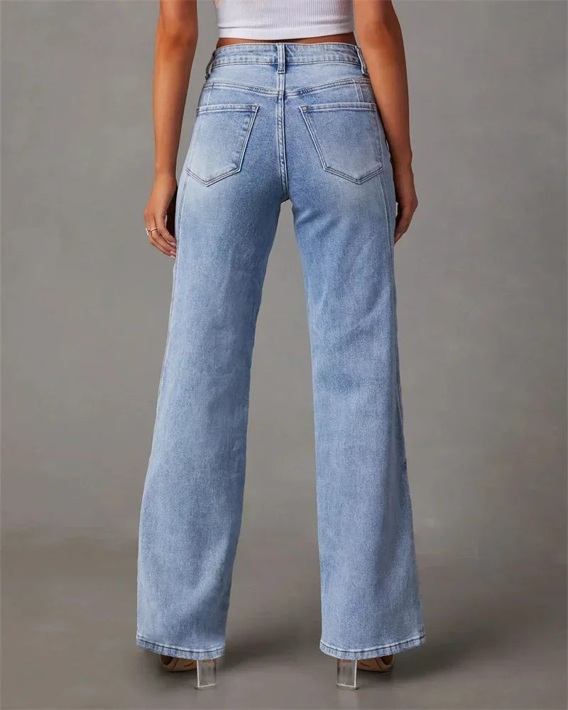 2024 Fashion Patchwork Wide Leg Jeans Women Mid Waist Loose Micro Flared Denim Pants Female Commuter Trousers Casual Streetwear