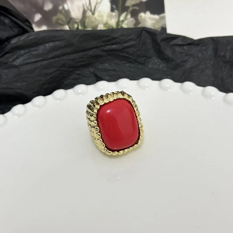 Vintage Geometric Metal Square Natural Stone Ring For Women Exaggerated Trendy Finger Jewelry Party Accessories