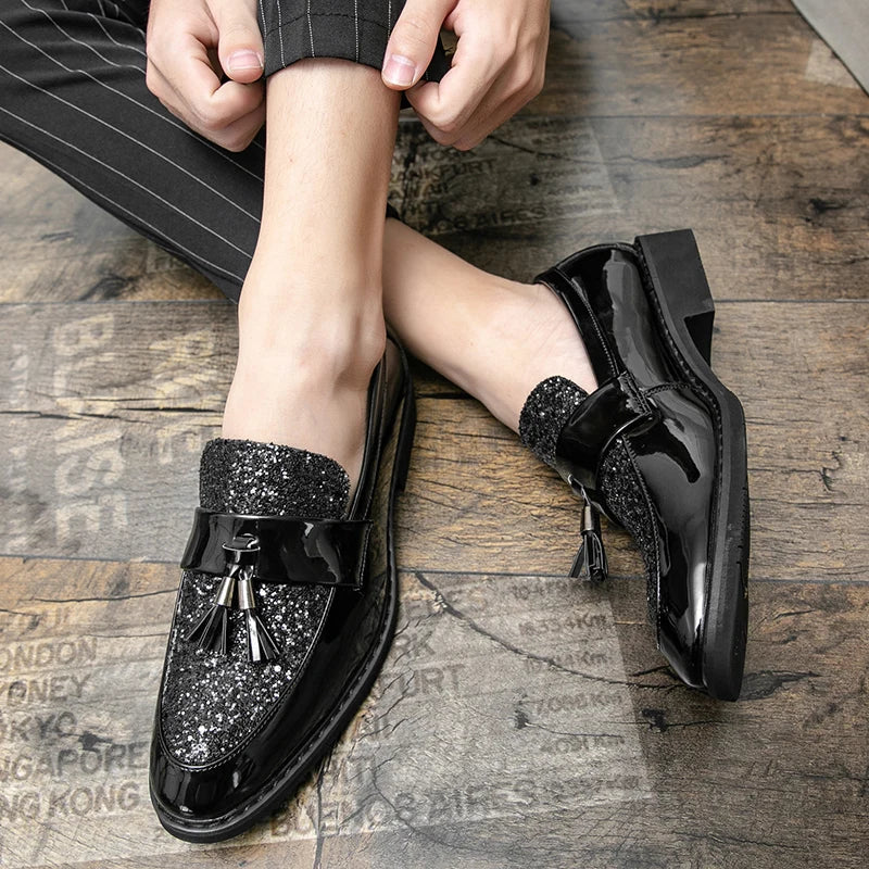 British Style Sequined Leather Shoes Men Golden Men's Loafers Big Size 38-47 Luxury Comfortable Business Shoes Men Formal Shoes