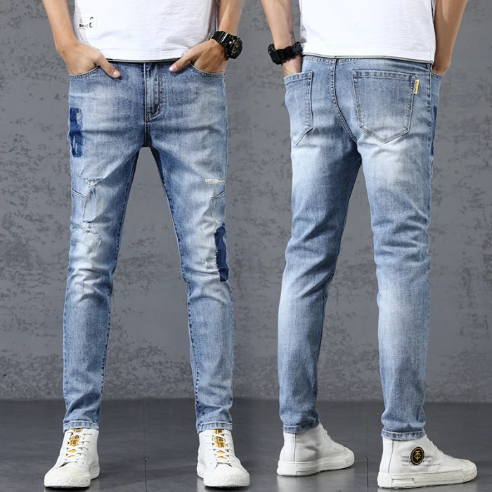 Summer Thin Men's Elastic Cotton Jeans - Fashionable Streetwear Blue Straight Fit Slim Casual Pants