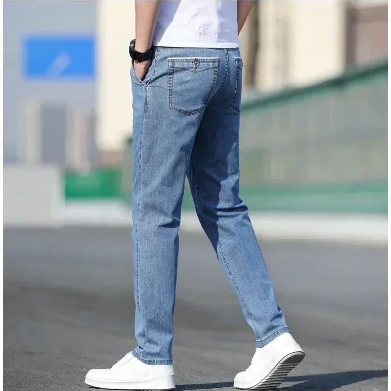 Thin Men's Baggy Soft Casual Jeans Gray Summer Fashion Versatile Comfortable Stretch Straight Casual Jeans Light Blue Male