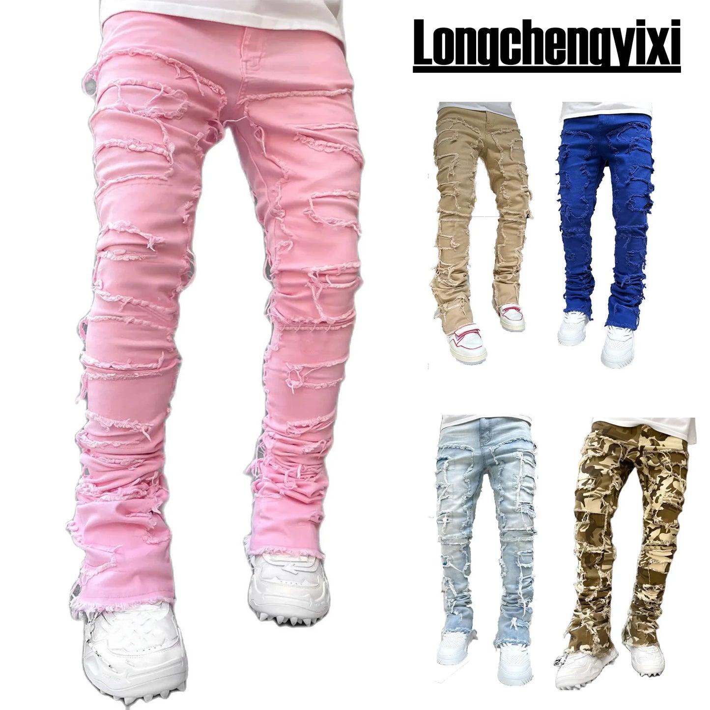 new Patch denim straight-leg pants retro jeans street fashion ins explosive style elastic new men's fashion retro denim trousers