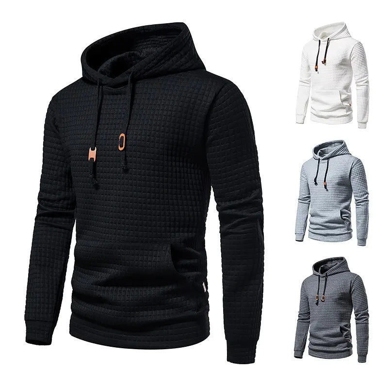 2024 new men's casual large pocket pullover, small checkered jacquard sweatshirt, checkered hoodie, fashionable sportswear