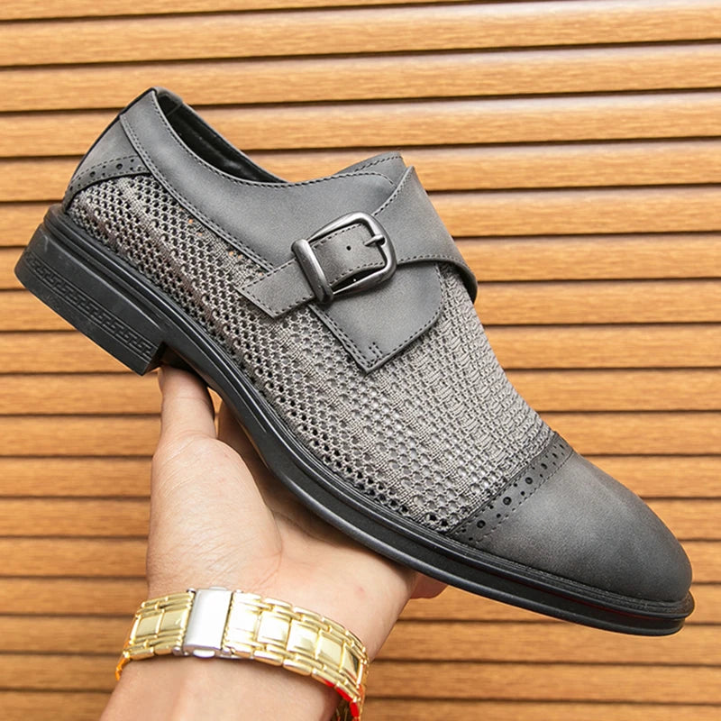 New Designer Men's Breathable Mesh Patchwork Patent Leather Shoes Male Summer Formal Wedding Dress Homecoming Monk Strap Loafers