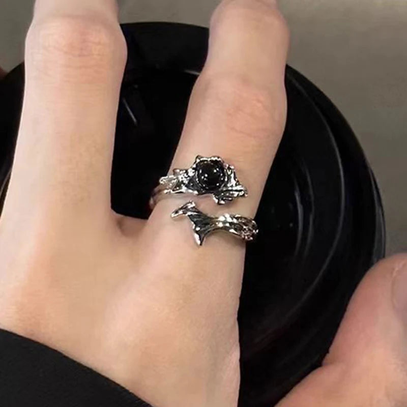 Gothic Irregular Gemstone Ring Aesthetic Girls Adjustable Black Stone Ring Women's Liquid Punk Ring Vintage Jewelry Accessories