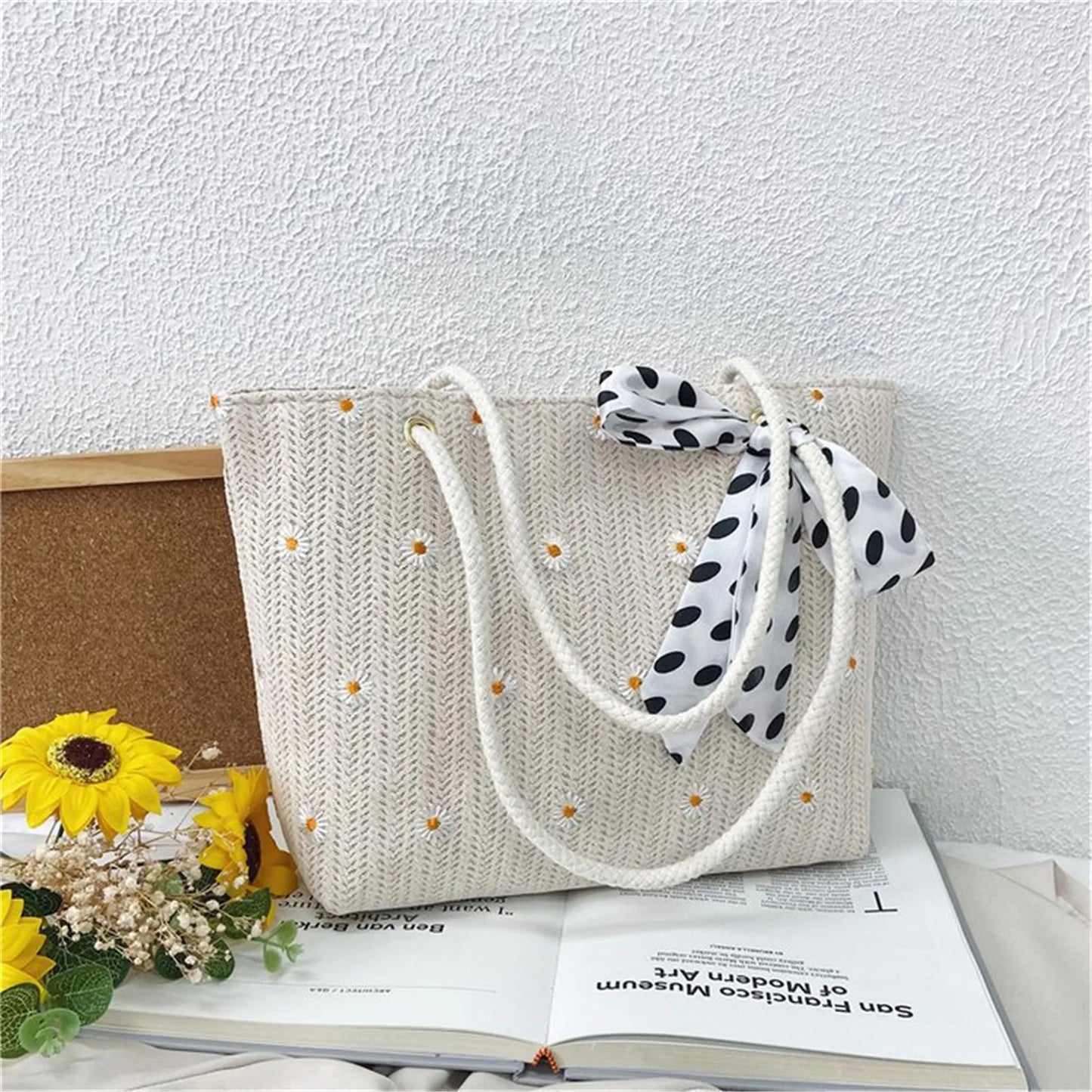 Summer Women Straw Woven Shoulder Bag Straw Bag Flower Embroidery Lace Beach Handbags Casual Ladies Large Capacity Totes Pouch