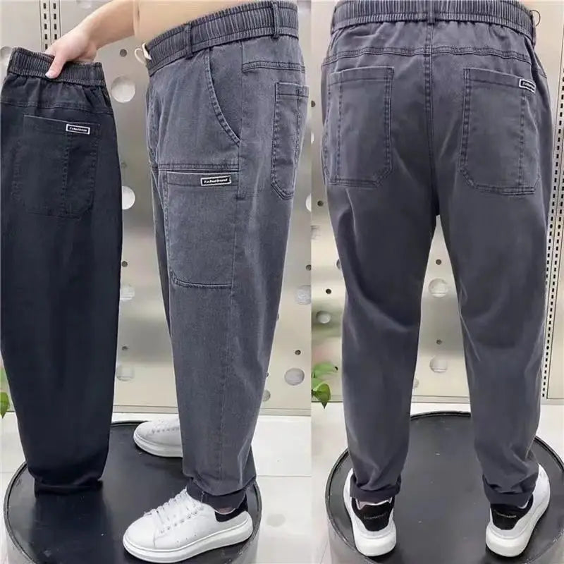Harajuku Stretch Korea Streetwear Loose Solid Denim Jeans Elastic Waist for Men Spring Summer New plus size 7XL 8XL Casual Pants