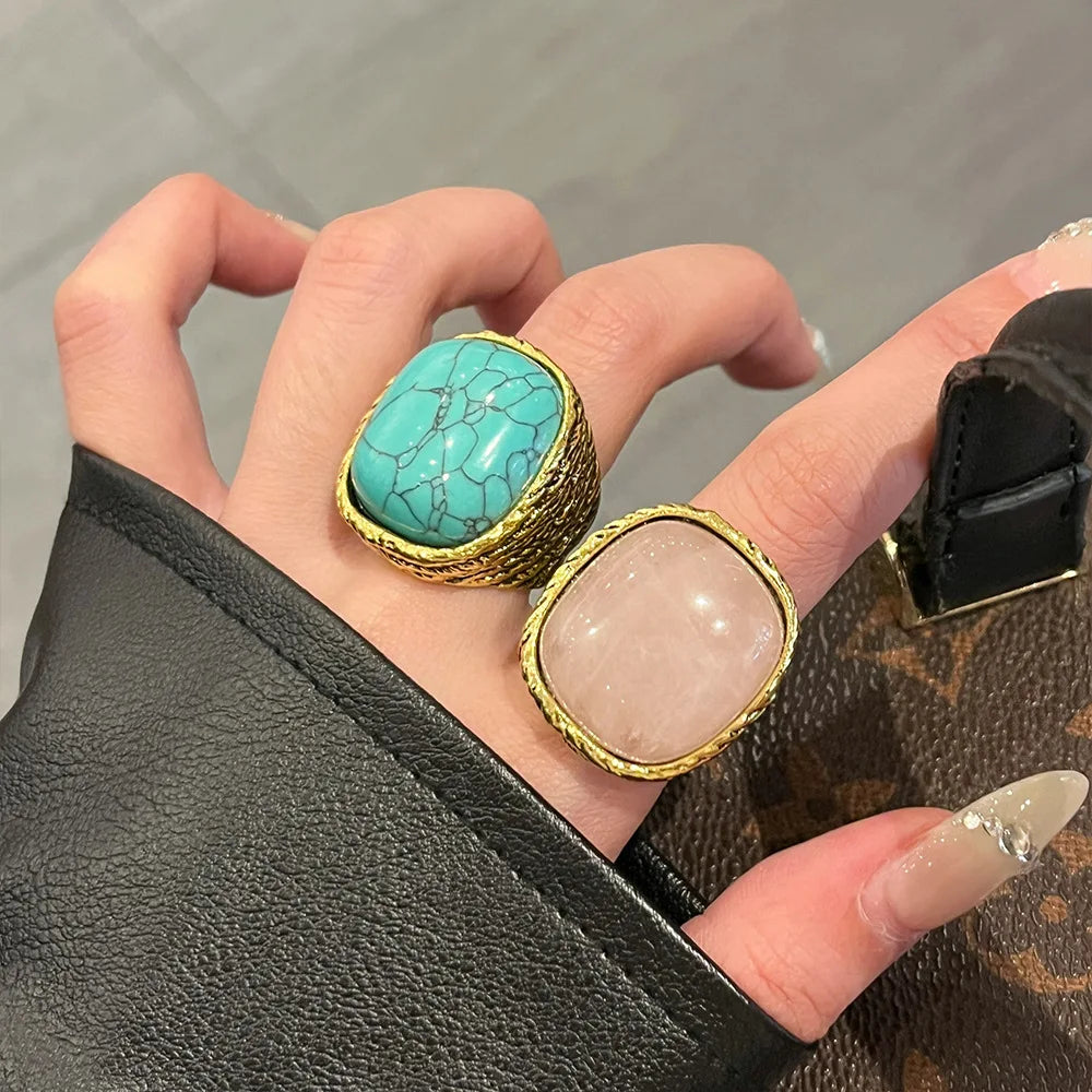 Vintage Geometric Metal Square Natural Stone Ring For Women Exaggerated Trendy Finger Jewelry Party Accessories