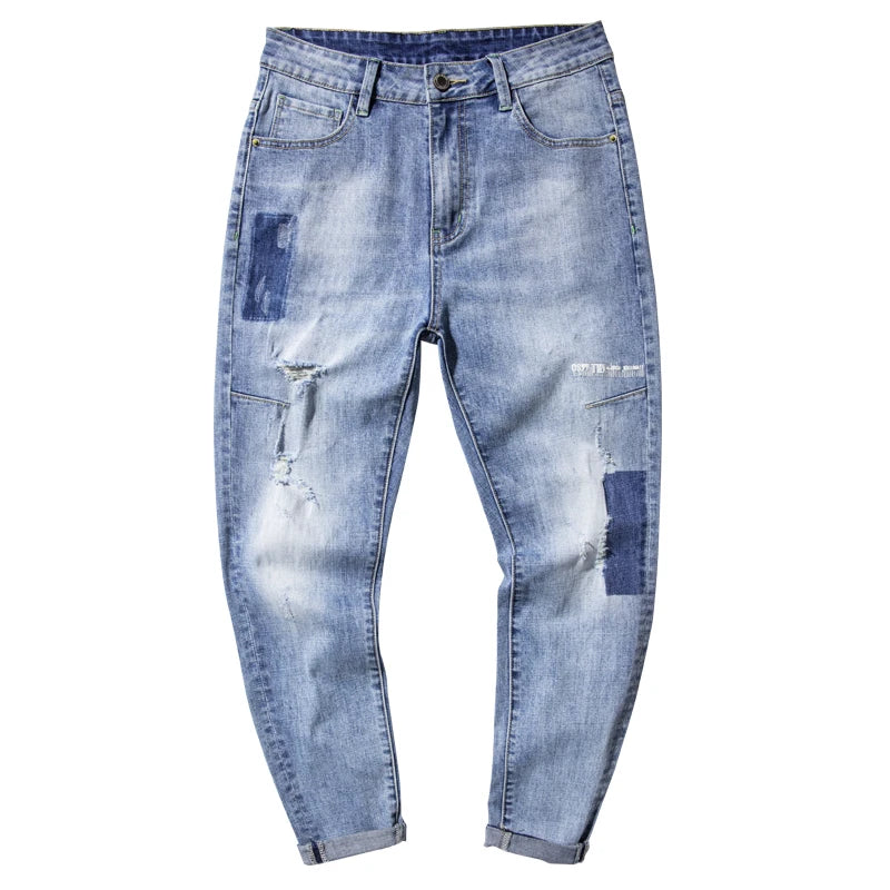 Summer Thin Men's Elastic Cotton Jeans - Fashionable Streetwear Blue Straight Fit Slim Casual Pants