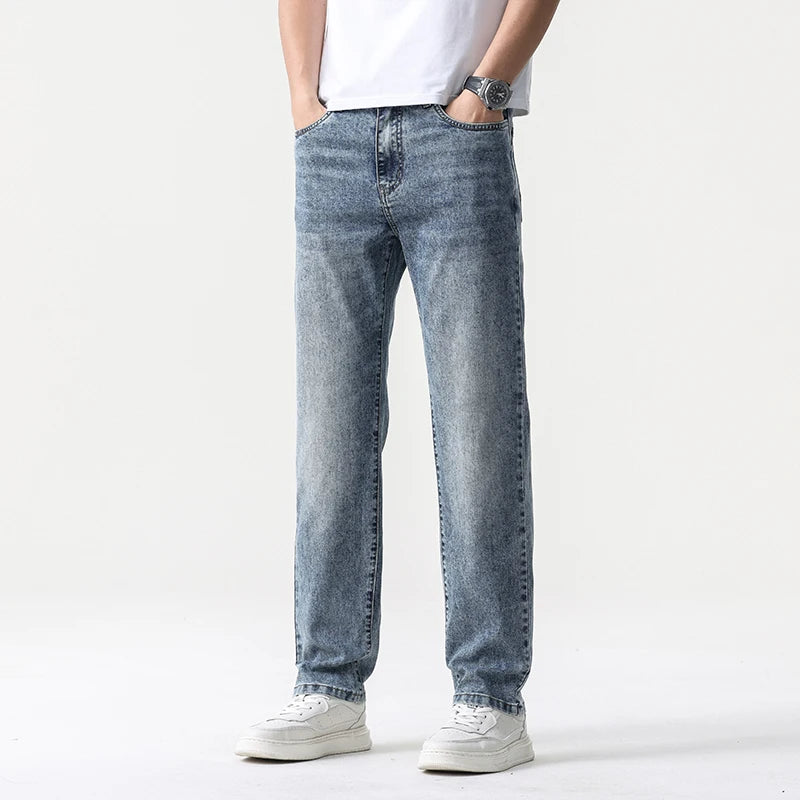 2025 high quality Jeans Men Baggy Pants Summer Straight Cut Loose Retro Blue Denim Pants Streetwear Fashion Pockets Vintage Man