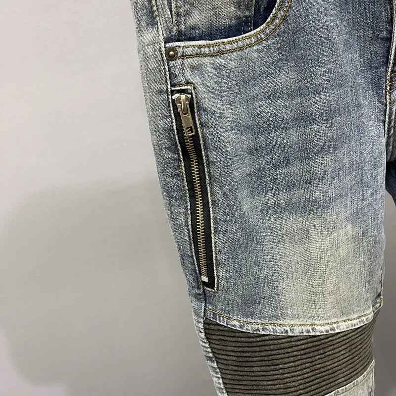 Zippered Slim Fit Men's Jeans Straight Leg Blue Vintage Distressed Casual Trendy Spring Autumn Lightweight Pants