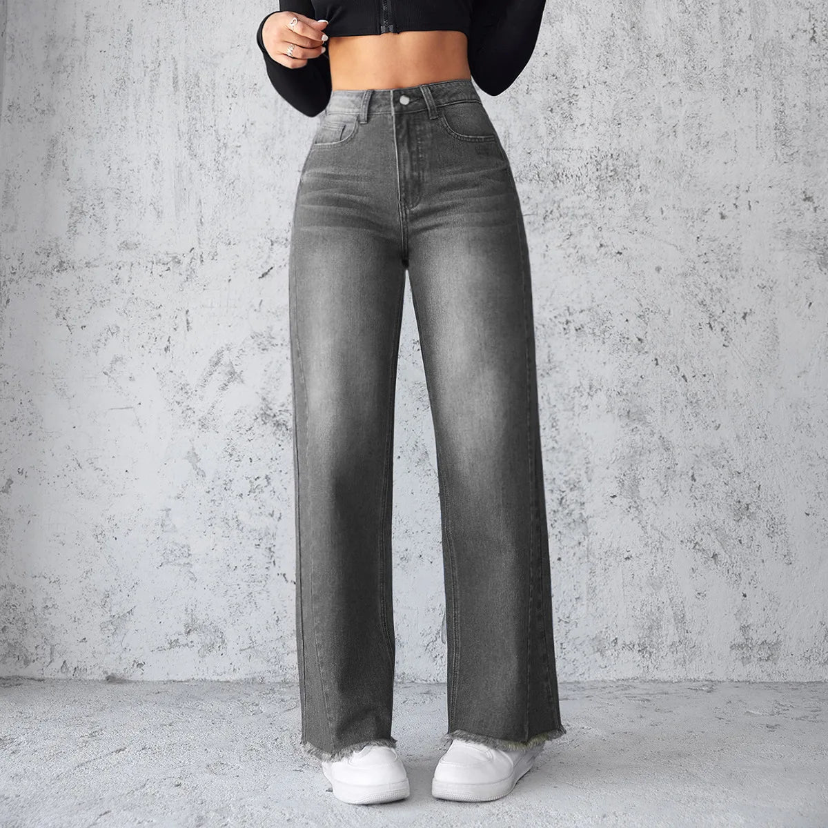 New Temperament High-waisted Wide-leg Jeans. Four Seasons Fashionable,simple,comfortable and Casual Straight-leg Jeans for Women