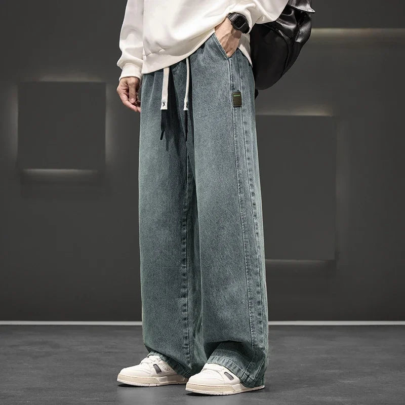 8XL New Wide Leg Washing Jean Pants Men Trousers Neutral Solid Color Loose Casual Straight Outdoor Fashion Plus Size Pants