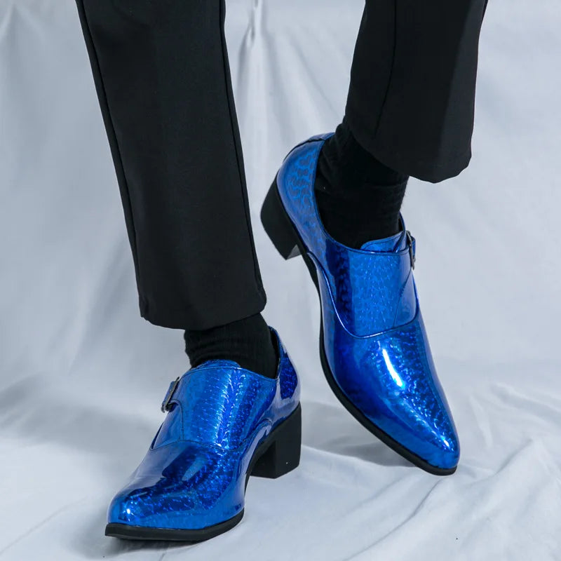 Blue Bright Men Dress Shoes Leather Pointed Toe Men’s High Heeled Shoe Big Size 46 Gentleman Oxford Shoes For Men zapatos hombre