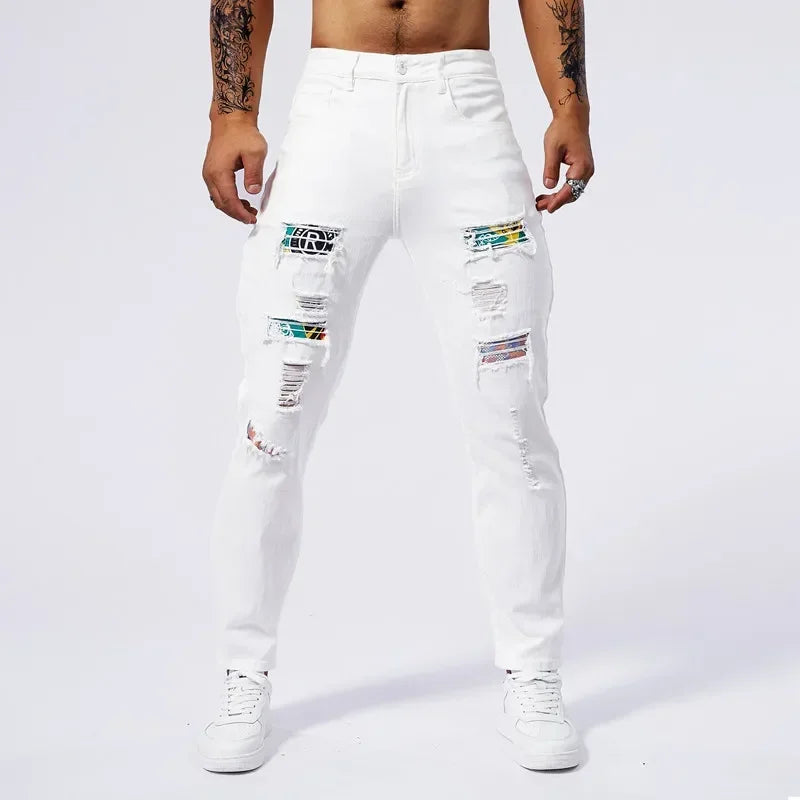White 97% Cotton Jeans Men Clothing New Ripped Slim Patchwork Fashion Hole Skinny Elasticity Denim Trousers Male Streetwear