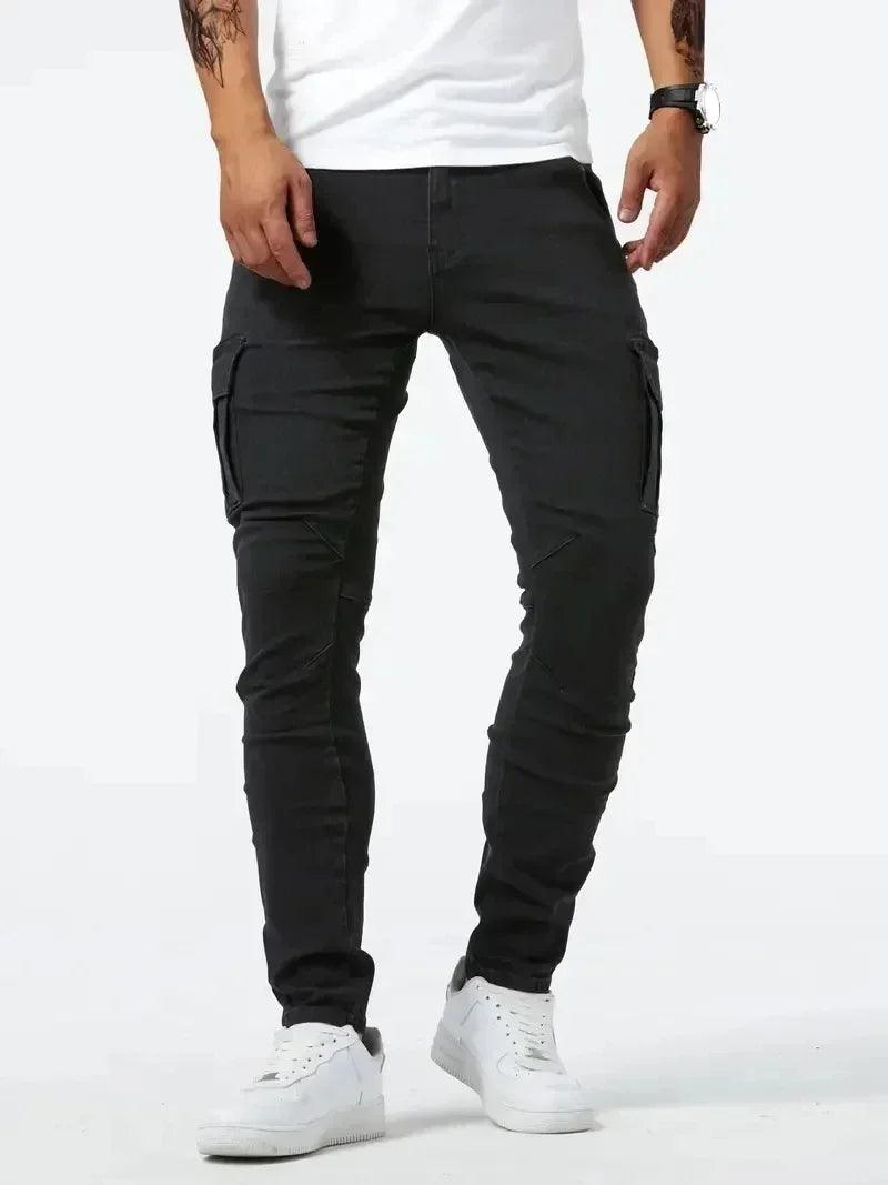 2025 Street Elastic Jeans Men Denim Cargo Pants Wash Solid Color Multi Pockets Casual Mid Waist Trousers Slim Daily Wear Joggers