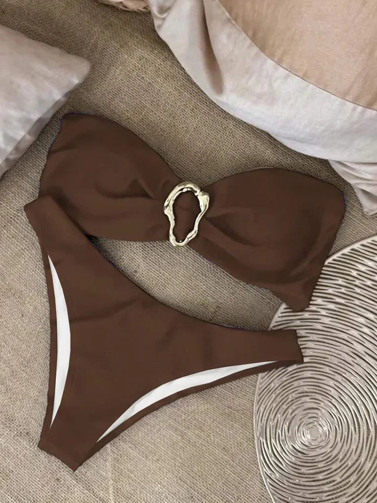 New Summer Swimwear Bikini Set Sexy Solid Strapless Bikini 2 Piece Set Women Split Swimsuit Low Waist Beach Bikini