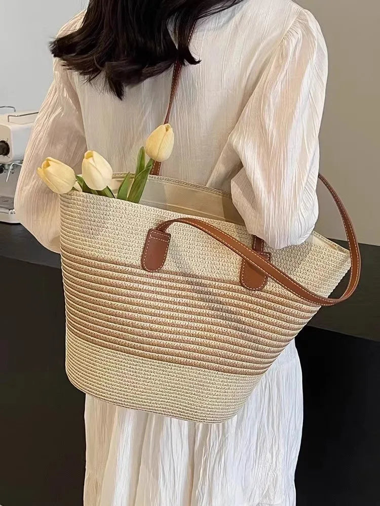 Women's Large Capacity Shoulder Bag Summer Straw Woven Basket Handbag Fashion Female Luxury Designer Beach Bag Bali Shopper Tote