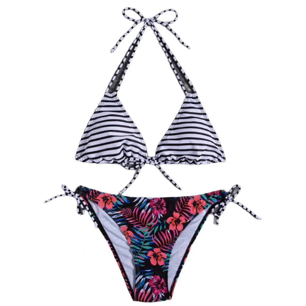 1 Set Women Swimsuit Padded Three-point Stretchy Beautiful Floral Print Bikini Set for Swimming Pool