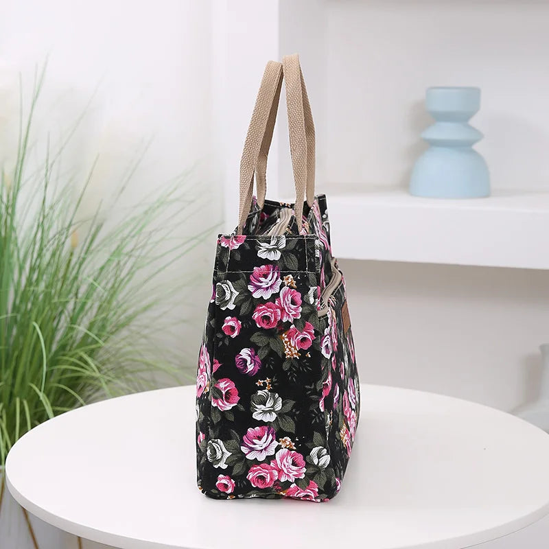 Fashion Floral Print Tote Bag, Portable Canvas Lunch Bag, Women's Casual Handbag & Bento Mommy Bag For Picnic Travel