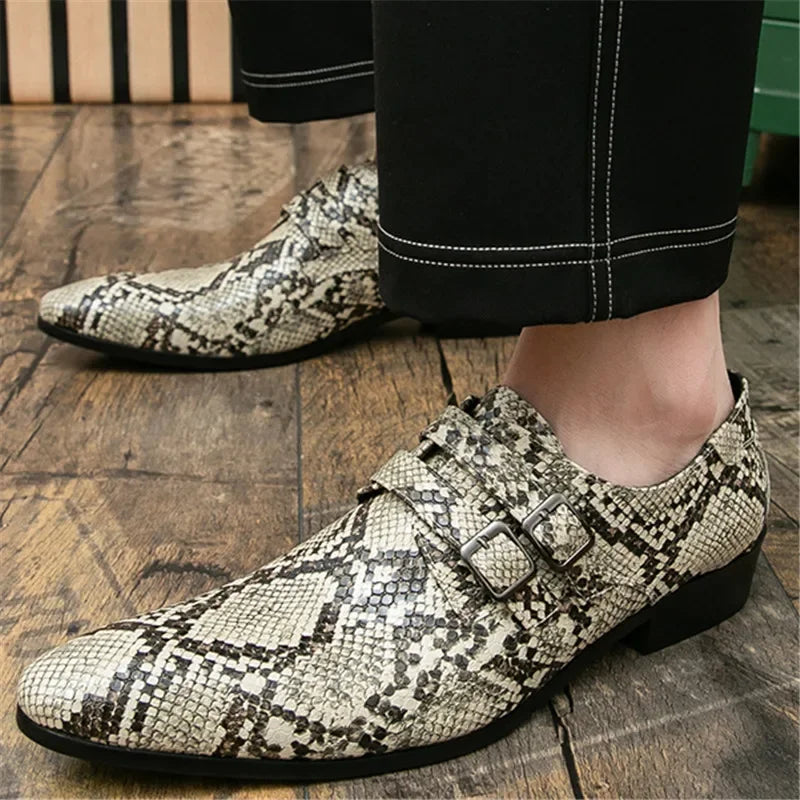 2025 Britain Gentleman Pointed Snakeskin Pattern Casual Shoes For Men Monk Strap Loafers Formal Wedding Dress Footwear