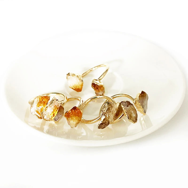 Irregular Citrine Rough Stone Open Ring for Women Girls Golden Handmade Finger Energy Jewelry Adjustable Size