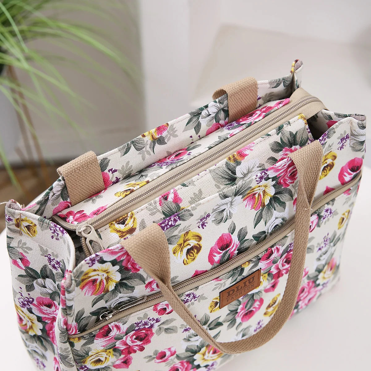 Fashion Floral Print Tote Bag, Portable Canvas Lunch Bag, Women's Casual Handbag & Bento Mommy Bag For Picnic Travel