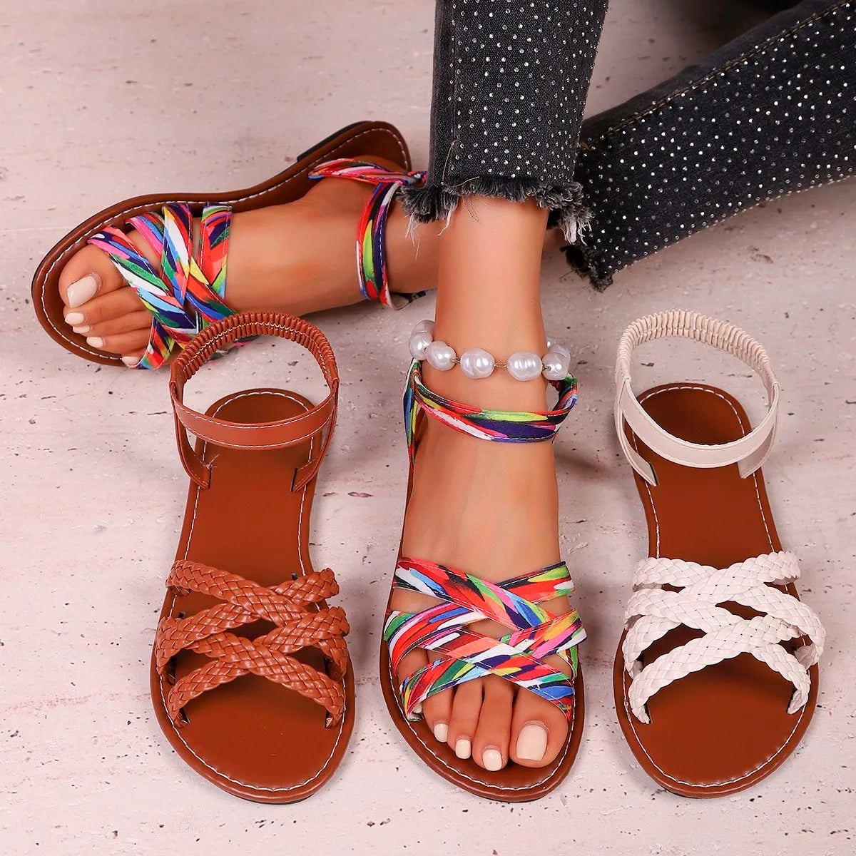 Shoes for Women Summer New Women Flat Sandals Bottom Roman Strap Sandals with Non Slip Rubber Soles Ladies Daily Sandalia