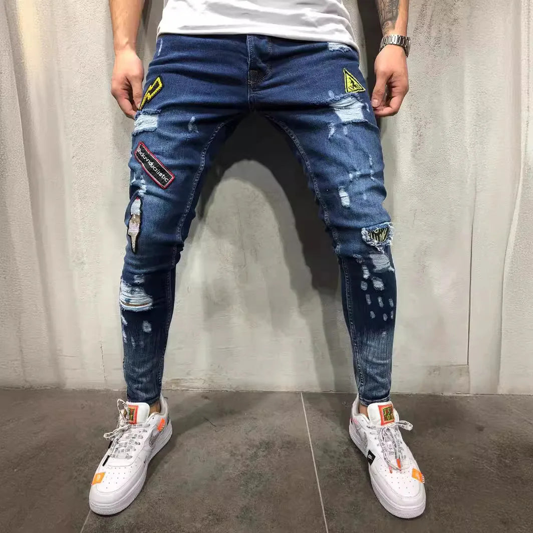 European and American Best-selling Men's Hip Hop High-End Slim-Fit Ripped Slim-Fit Pants, New Style Micro-Badge Slim-Fit Jeans