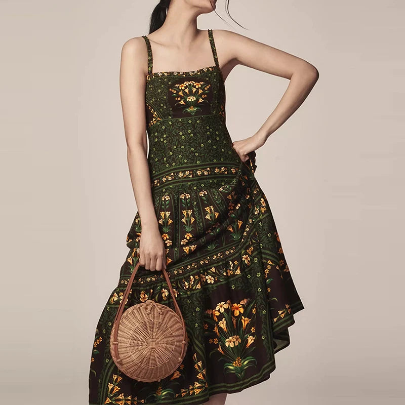 Spring Summer Floral Print Pleated Long Dress Women Sexy Slash Neck Backless Suspen Dress New Ladies Sleeveless Loose Boho Dress