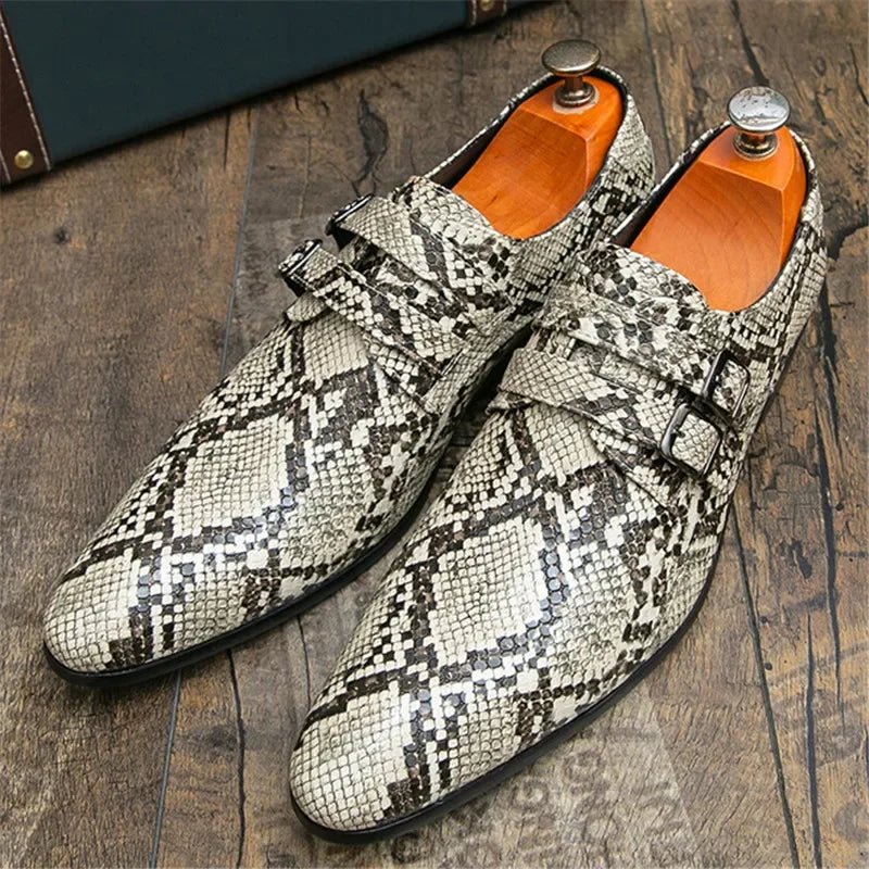 2025 Britain Gentleman Pointed Snakeskin Pattern Casual Shoes For Men Monk Strap Loafers Formal Wedding Dress Footwear