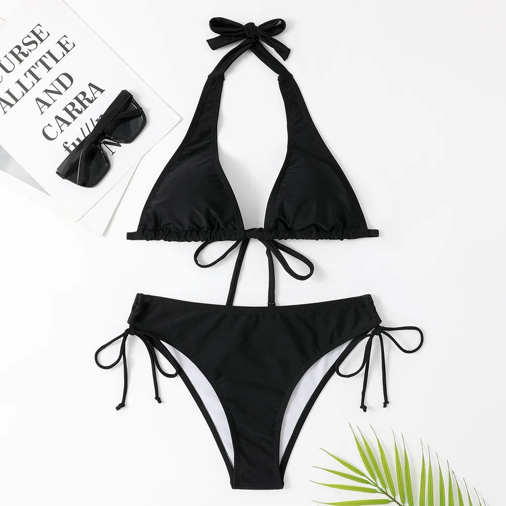 2025 Sexy Halter Bikini Swimsuit Low Waisted Black/Red/Rose Beach Bathing Suit Cheap Bandage Brazilian Swimwear Two Pieces Sale