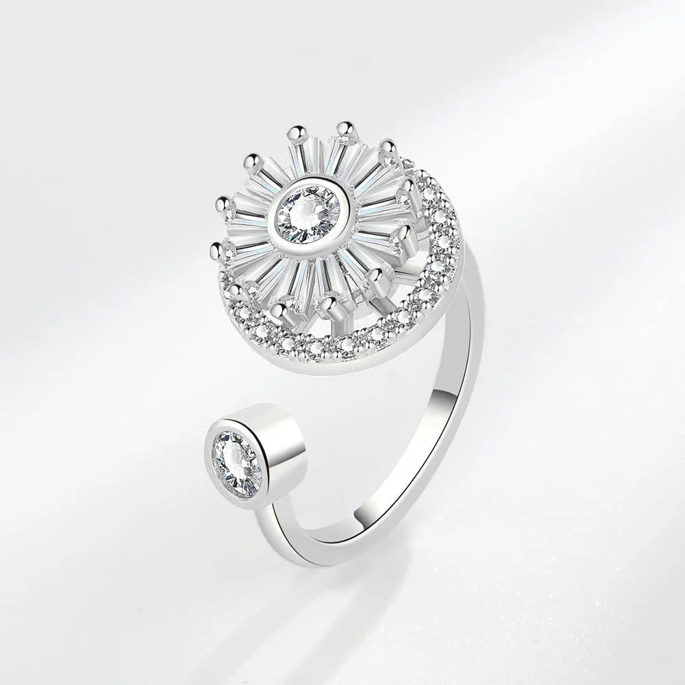 VENTFILLE 925 Sterling Silver Sunflower Diamond Zircon Rotatable Ring For Women Gift Relieve Stress Ring Jewelry Wholesale