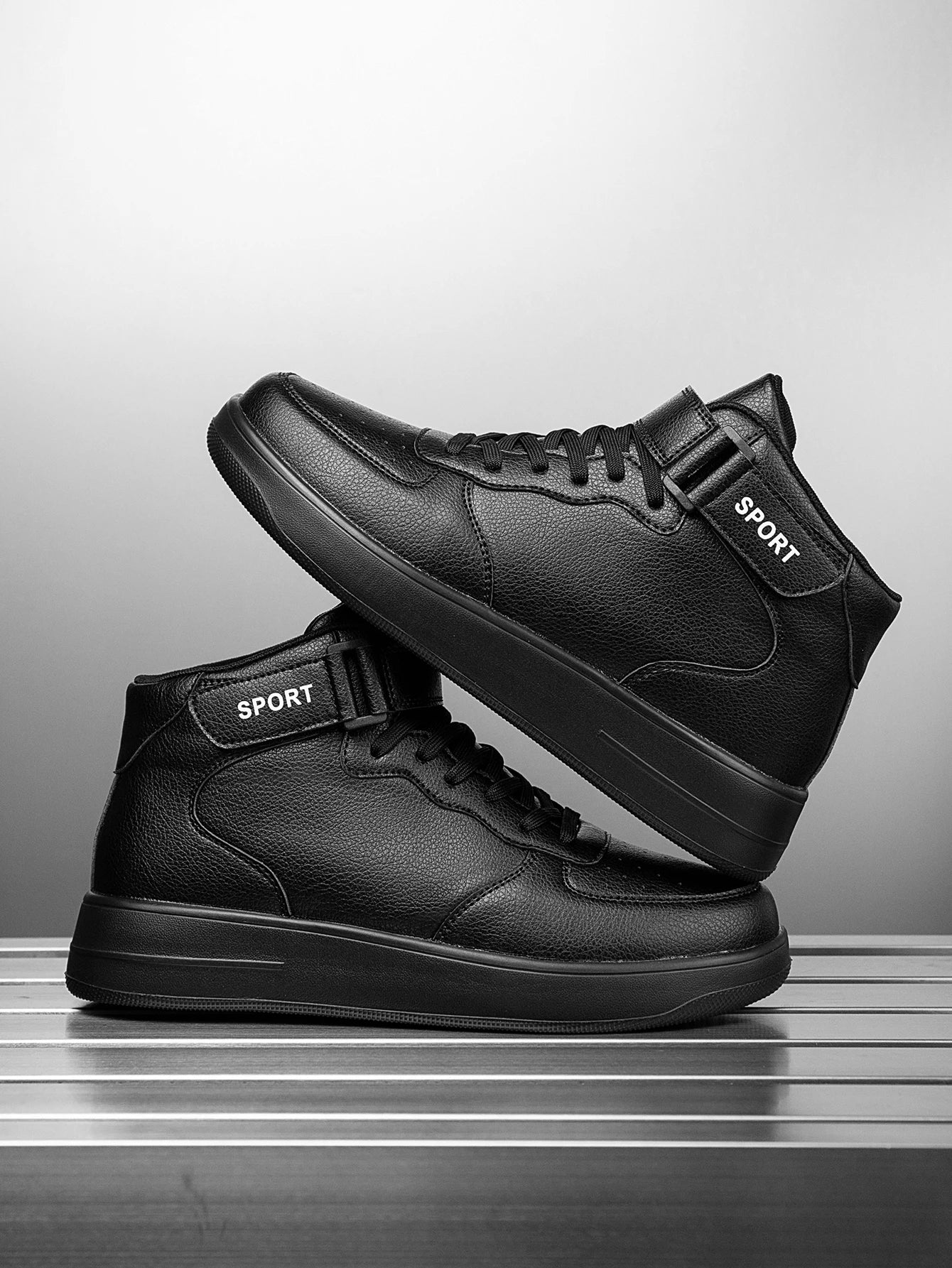 Men's Classic Fashionable Black Leather Spliced Velcro High-Top Casual Sneakers, Simple Daily Versatile and Comfortable Couple Sneakers