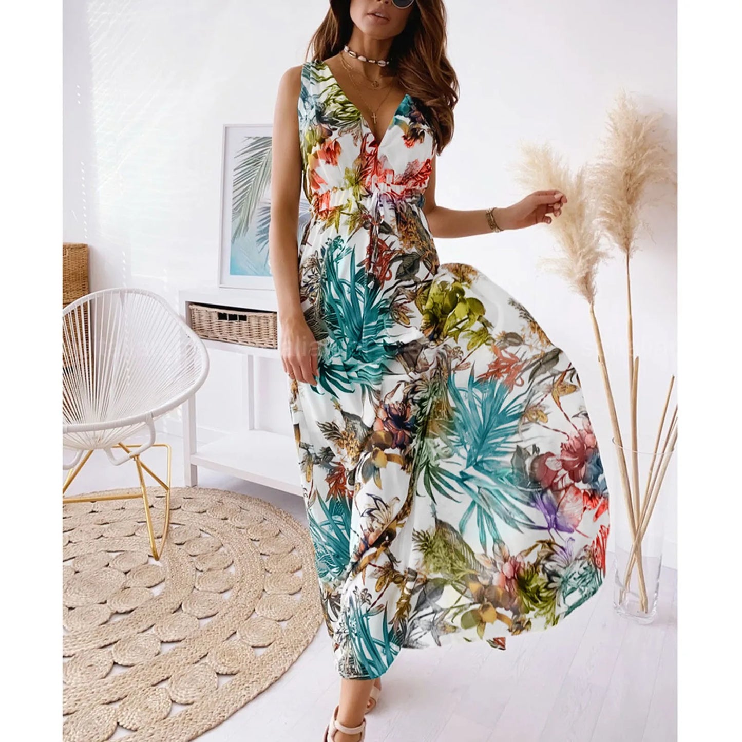 Summer Women Chiffon Floral Long Dress French Style Short Sleeve Elastic A-line Dresses Summer Bohemian Print Beach Dress