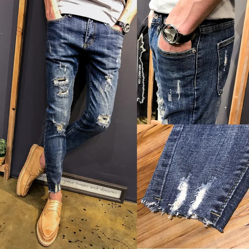 Wholesale 2022 Teenagers Denim Pants Beggar Men\'s Slim-fit Small Feet Frayed Jeans Male Stretch Social Spirit Guy Pencil Pants