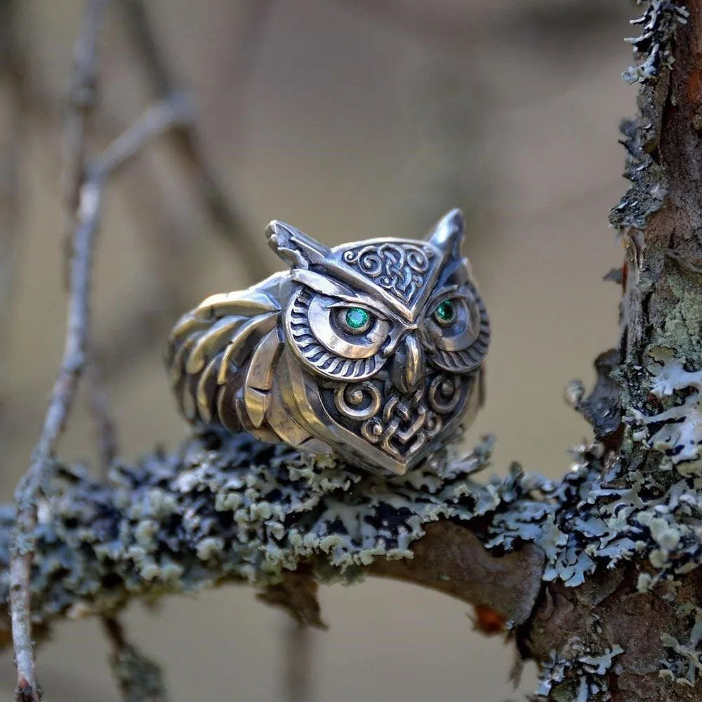 Retro Green Eye Owls Ring For Men Silver Color Punk Gothic Adjustable Ring Handmade Rock Hiphop Biker Jewelry Accessories Gift