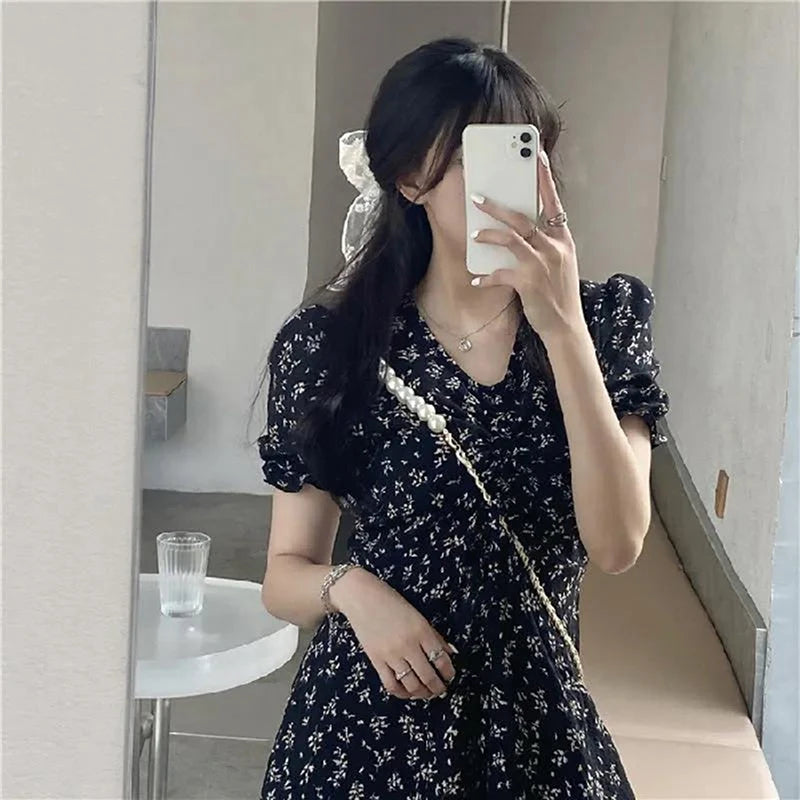 Elegant Floral Midi Dress for Women Korean Chic Printed V-neck Long Dress Female 2023 New Summer Short Sleeve Dresses
